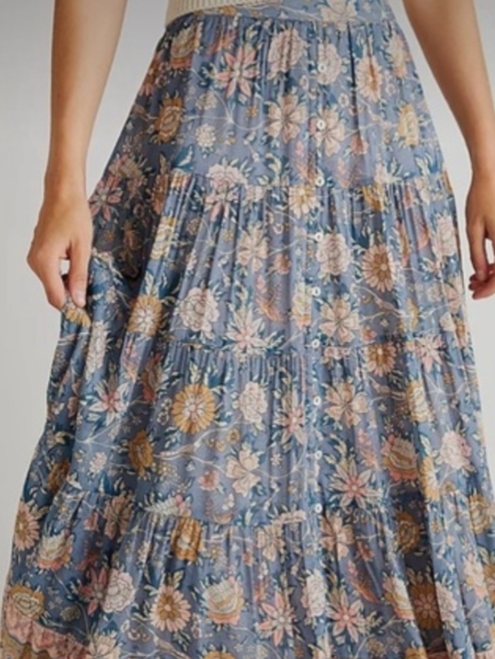 Spell Blue Floral Tiered Maxi Skirt with Pink and Mustard Accents
